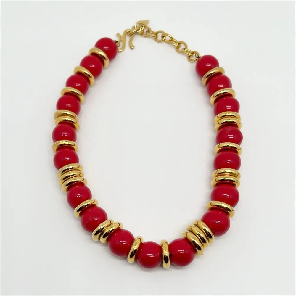 Vintage Gold Tone and Red Bead Necklace and Bracelet Matching Jewelry Set